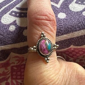 Sterling Silver Pink & Turquoise Stone Oval Ring
